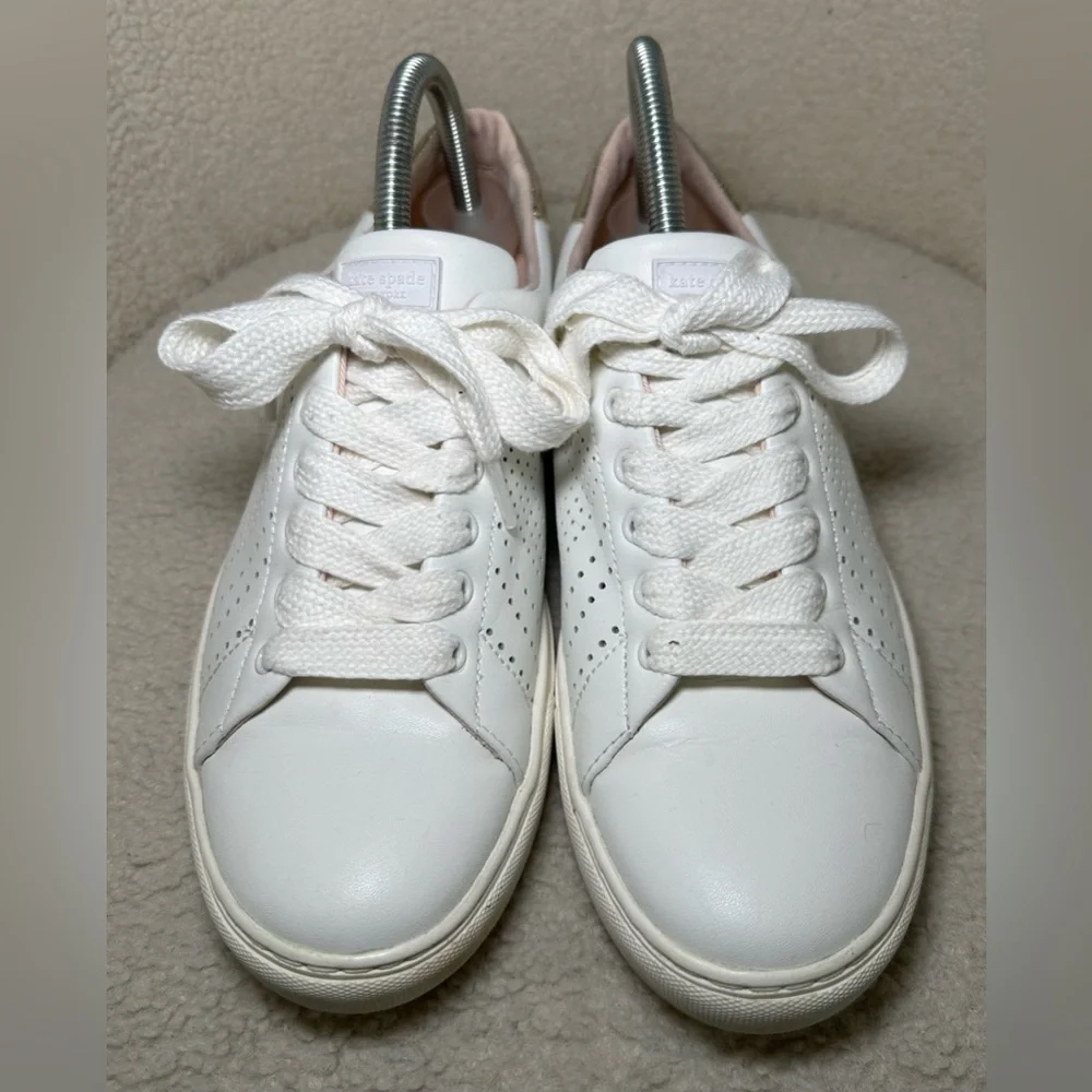 Kate Spade Aster New York White‎ Leather Perforated Sneakers Gold Spade Logo 9.5